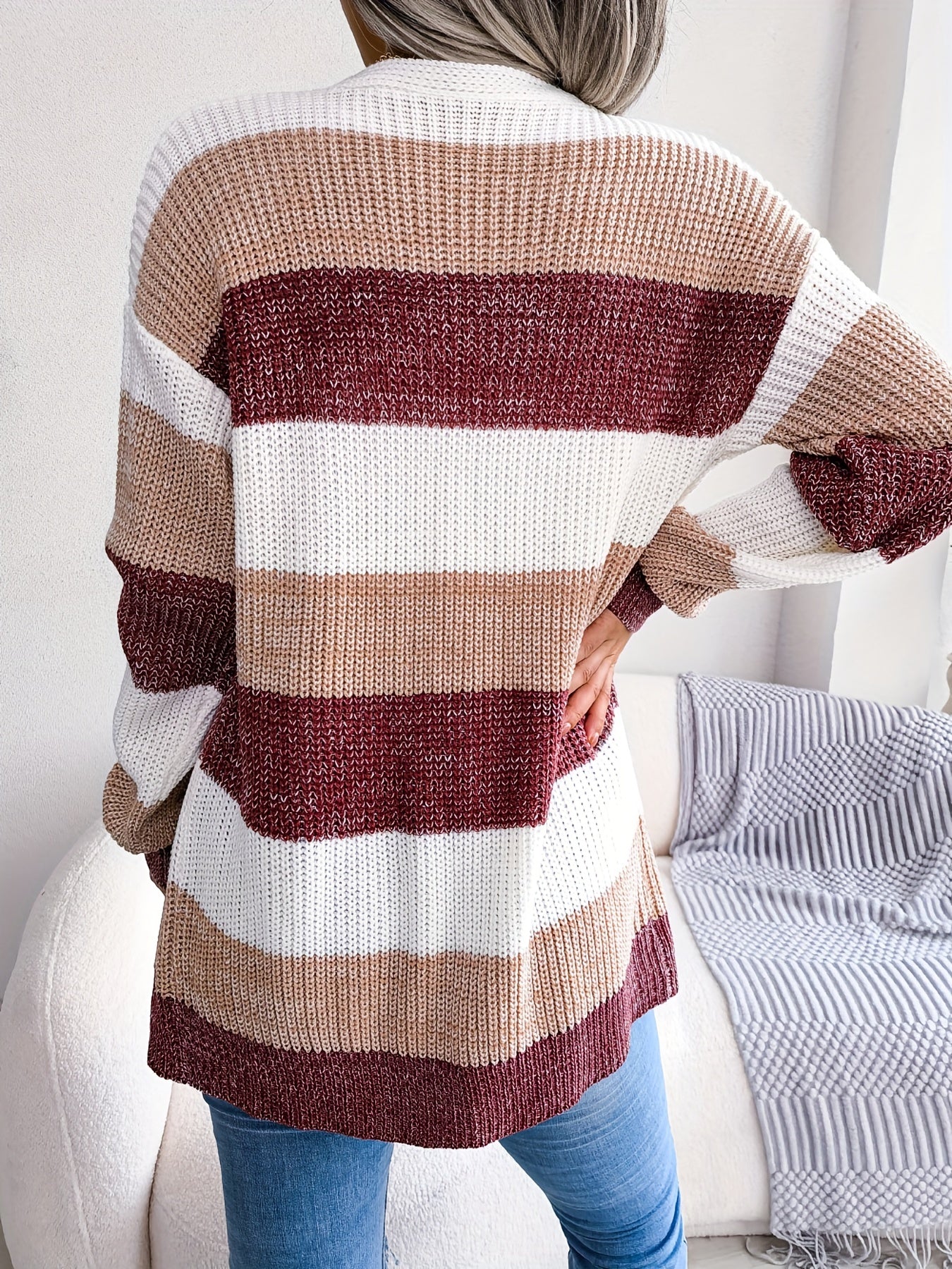 Striped Color Block V-neck Cardigan, Casual Loose Drop Shoulder Long Sleeve Knit Cardigan For Fall & Winter, Women's Clothing - Veloxea