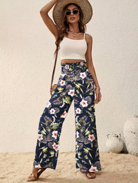 Floral Print Wide Leg Pants, Casual Loose Button Shirred Pants For Spring & Summer, Women's Clothing