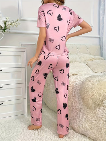Casual Heart & Letter Print Pajama Set, Short Sleeve Crew Neck Top & Elastic Pants For Valentine's Day, Women's Sleepwear & Loungewear