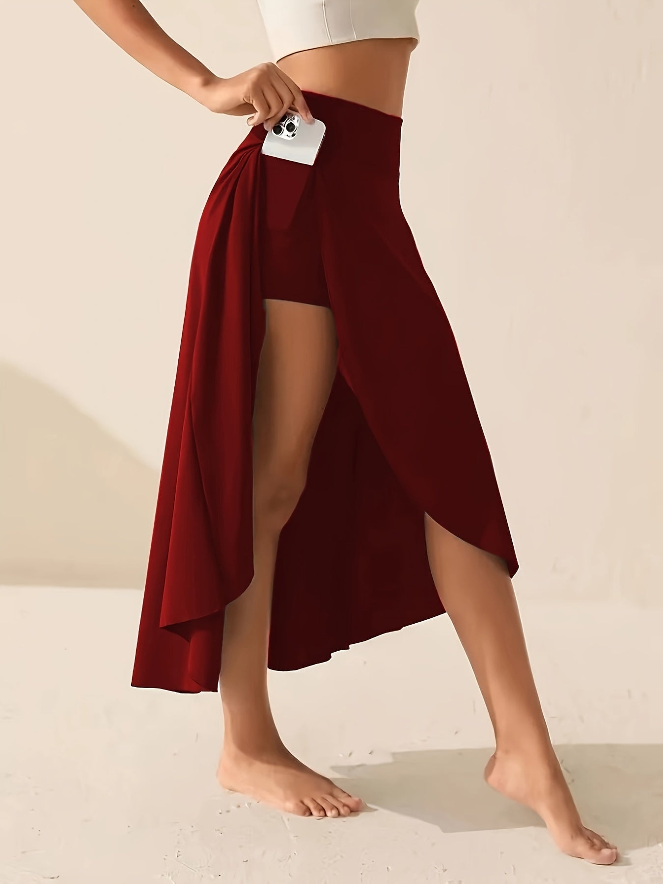Women's Solid Color Sports Skort, High Waist, Asymmetrical Hem, Open-Knit Fabric, Casual Activewear