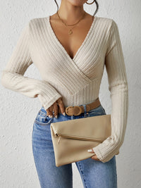 Solid Rib Knit Sweater, Casual V Neck Long Sleeve Slim Sweater, Women's Clothing - Veloxea