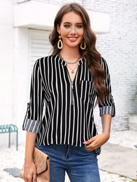 Striped Print Zip Front Blouse, Casual Long Sleeve Top For Spring, Women's Clothing - Veloxea