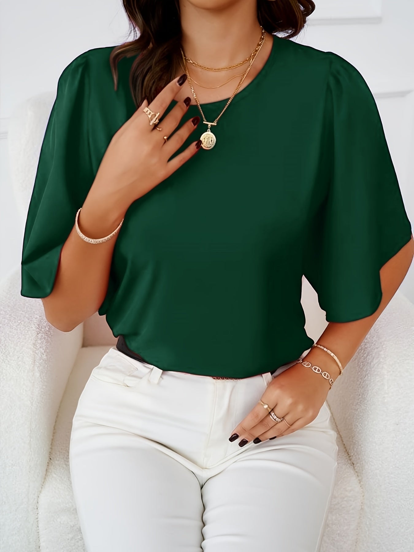 Solid Crew Neck Blouse, Elegant Ruffle Sleeve Blouse, Women's Clothing - Veloxea