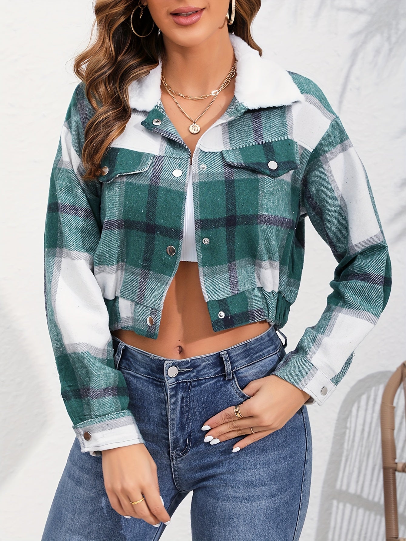 Button Plaid Faux Fur Collar Jacket, Casual Long Sleeve Crop Jacket For Fall & Winter, Women's Clothing - Veloxea