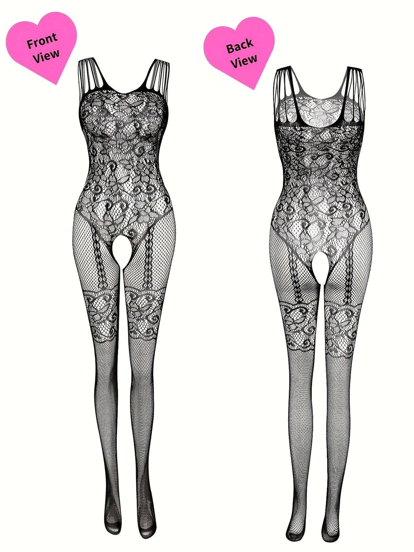 4pcs Women's Plus Sexy Lingerie Bodystockings, Plus Size Lace Fishnet Hollow Out Stretchy Open Crotch Nightwear Bodysuit For Romantic Date Wearing - Veloxea