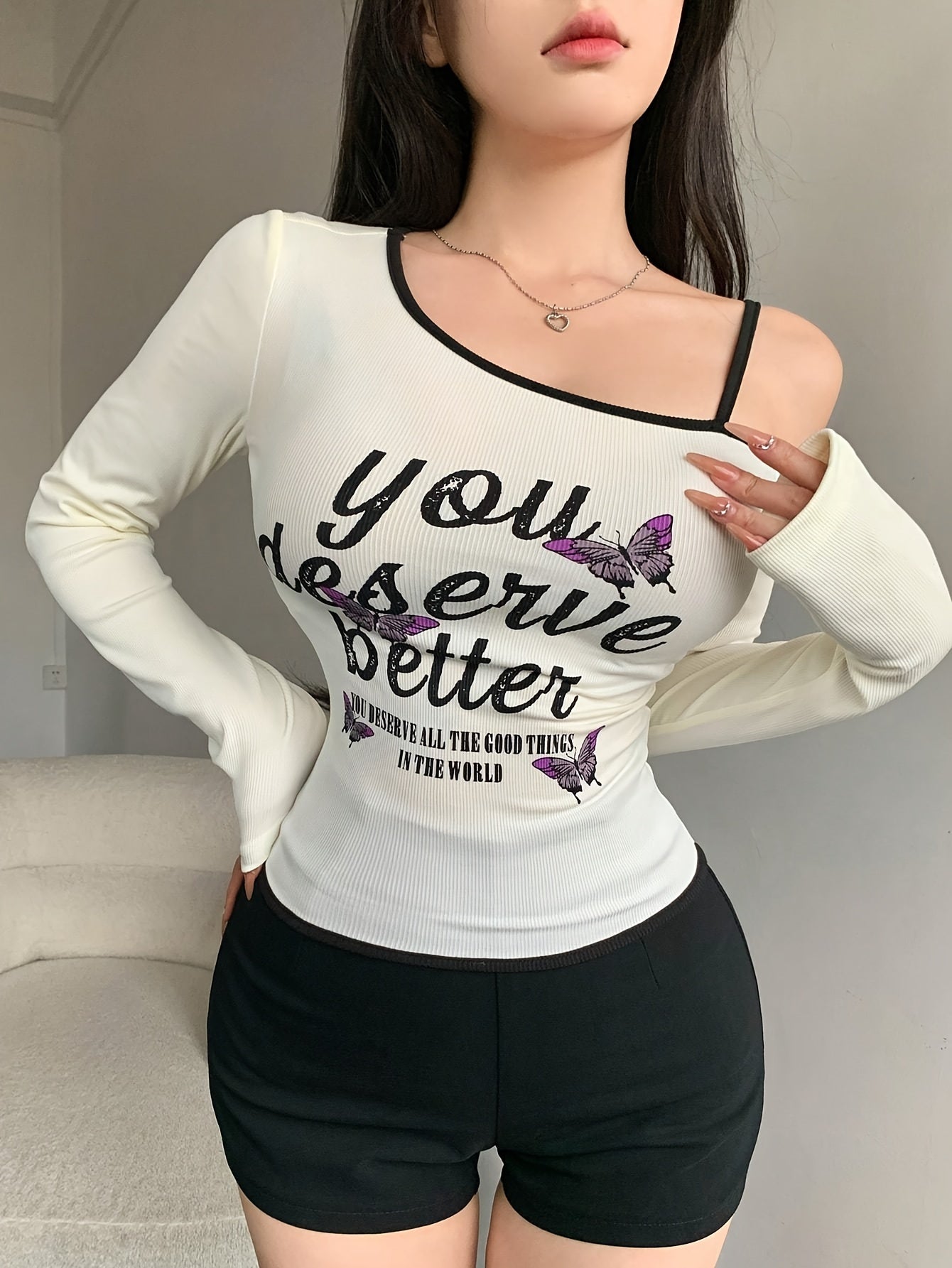 Butterfly Print Asymmetrical Neck T-Shirt, Y2K Long Sleeve T-Shirt For Spring & Fall, Women's Clothing - Veloxea