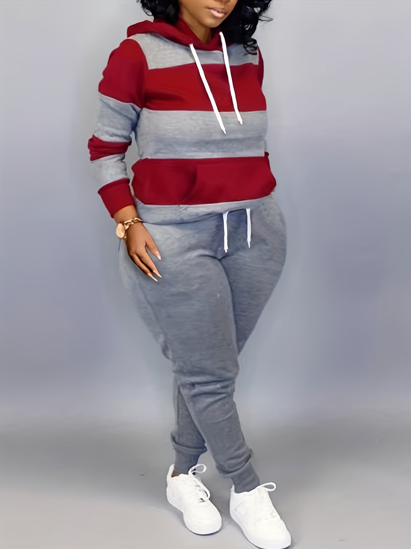 Plus Size Casual Outfits Two Piece Set, Women's Plus Colorblock Stripe Print Long Sleeve Drawstring Hoodie Sweatshirt & Joggers Outfits 2 Piece Set