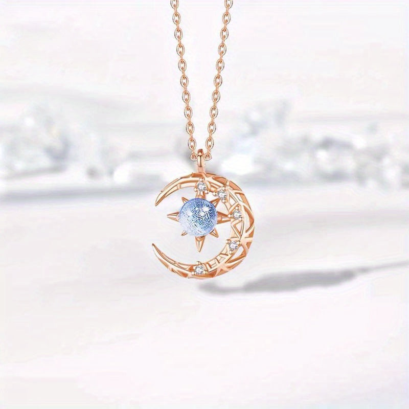 Moon Star Pendant Necklace Inlaid Shiny Moonstone Dainty Clavicle Chain For Women - Veloxea