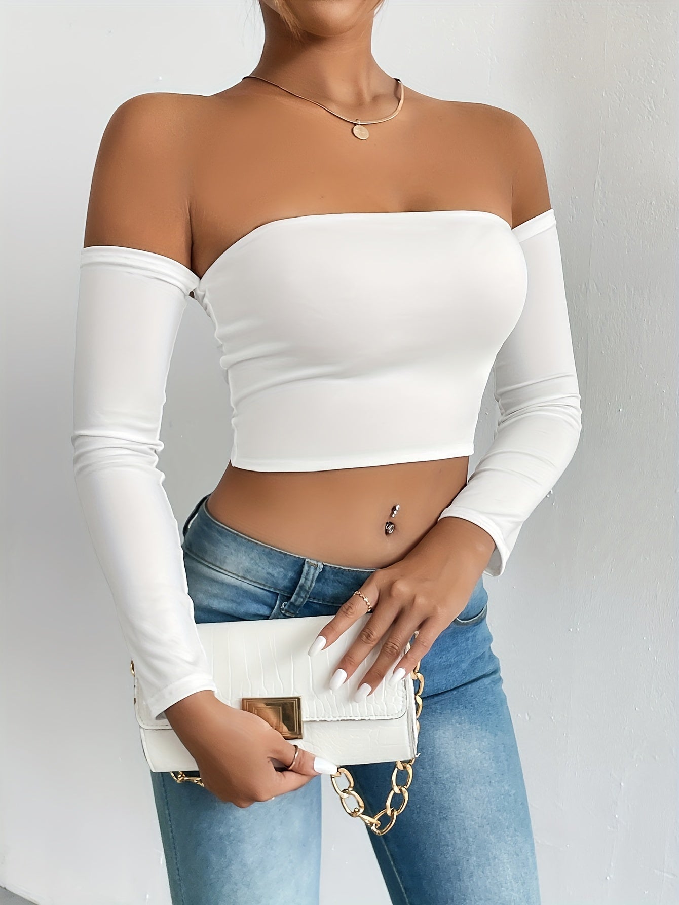 Solid Color Off-shoulder Crop Top, Sexy Long Sleeve Slim Top, Women's Clothing - Veloxea