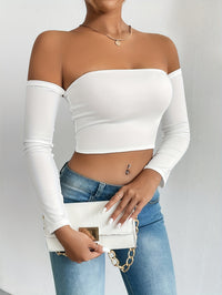Solid Color Off-shoulder Crop Top, Sexy Long Sleeve Slim Top, Women's Clothing - Veloxea