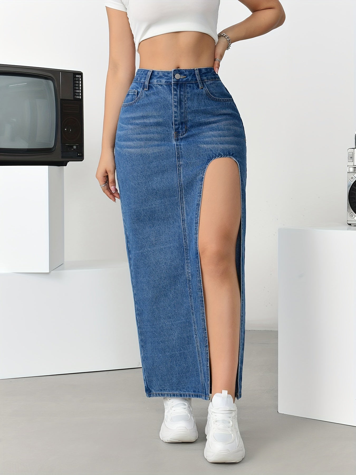Women's High-Waisted Split Denim Skirt, Sexy Long Plain Maxi Jean Skirt With Side Slit, Vintage Style Fashion, Casual Streetwear - Veloxea