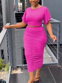 T-shirt & Bodycon Skirts Solid Two-piece Set, Flared Sleeve T-shirt & Midi Skirts, Women's Clothing