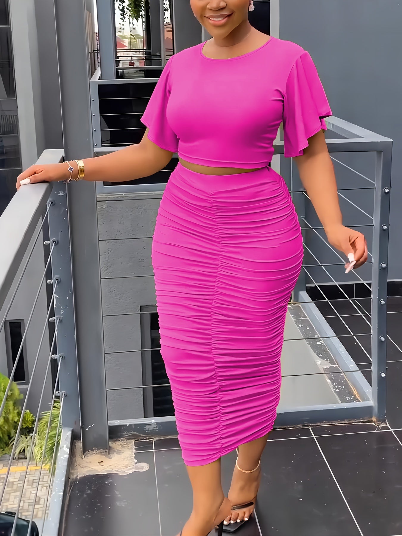 T-shirt & Bodycon Skirts Solid Two-piece Set, Flared Sleeve T-shirt & Midi Skirts, Women's Clothing