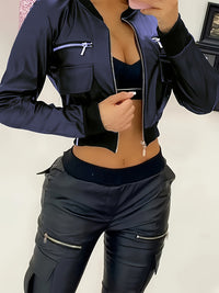 Zipper Solid Crop Jacket, Y2K Long Sleeve Jacket For Spring & Fall, Women's Clothing - Veloxea