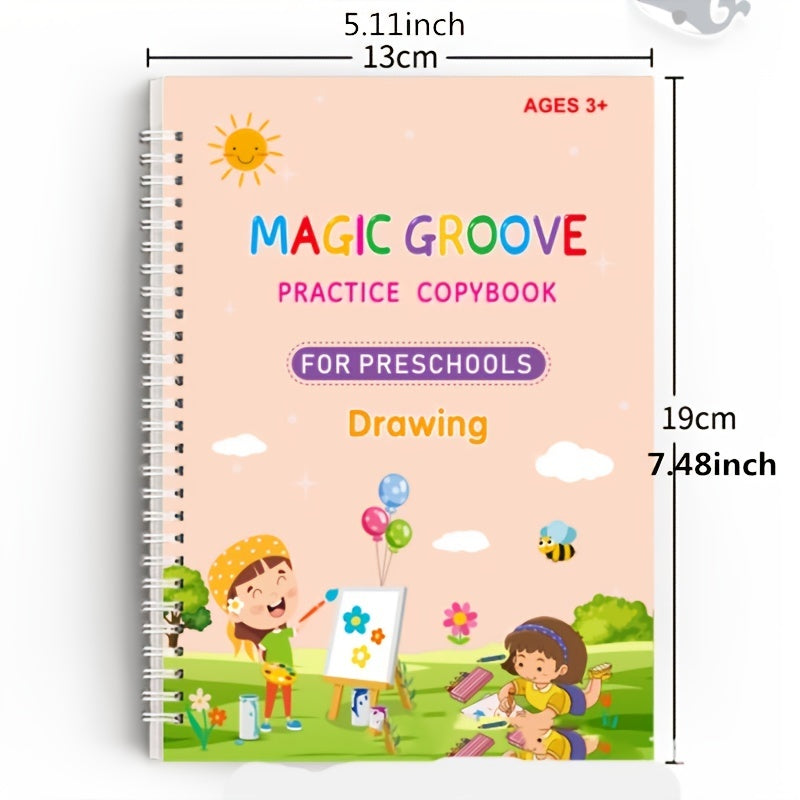 4pcs/Pack Large Reusable Handwriting Practice Copybook Comfy Tracing Sight Words Grooves Magic Practice Workbook Set (4 Books + 1 Pen + 5 Refills + 1 Pen Grip) halloween christmas gift - Veloxea