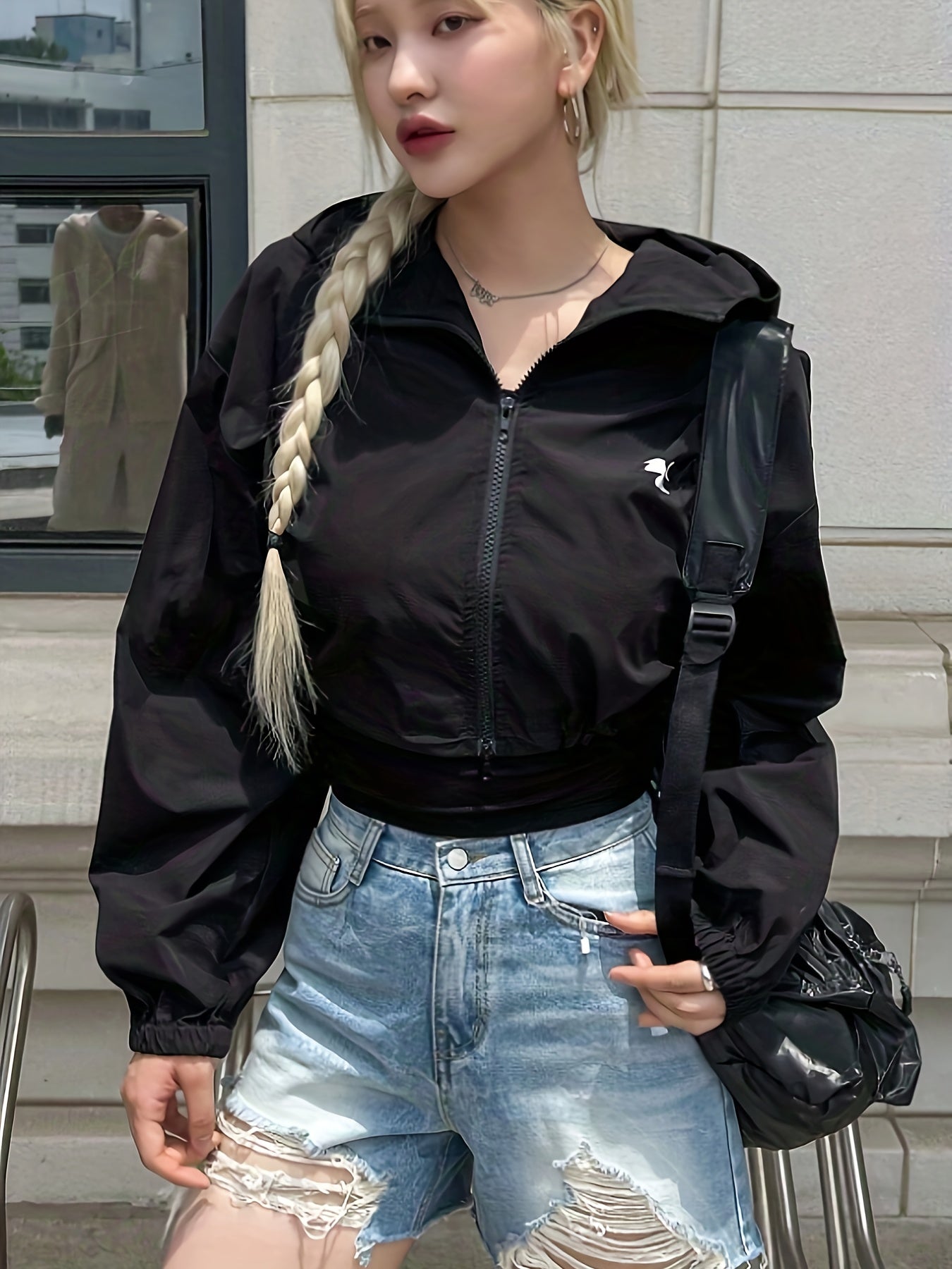 Zipper Front Crop Hooded Jacket, Casual Long Sleeve Outwear For Spring & Fall, Women's Clothing - Veloxea