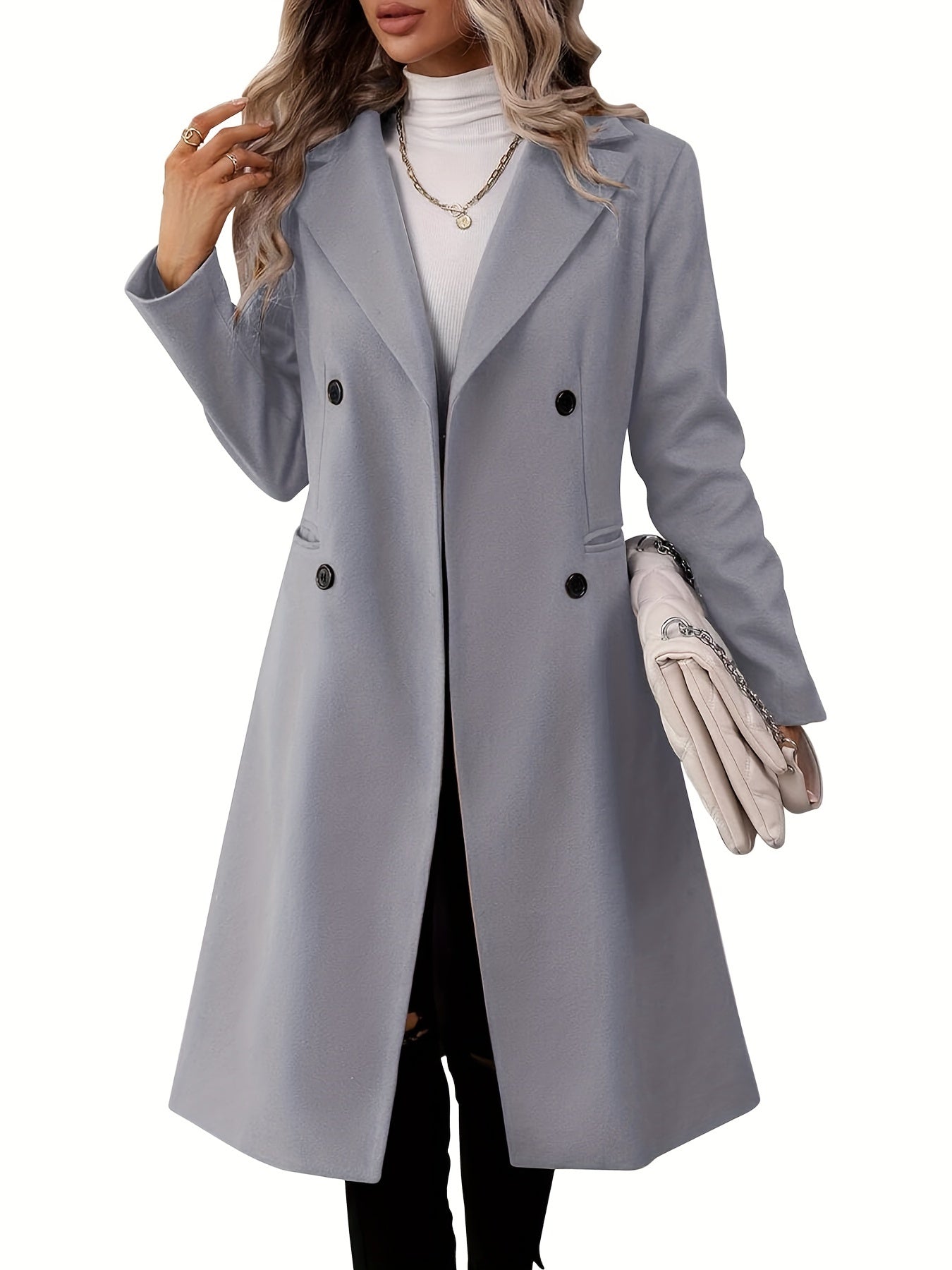 Double-Breasted Lapel Collar Pea Coat, Elegant Mid Length Long Sleeve Outerwear For Fall & Winter, Women's Clothing - Veloxea