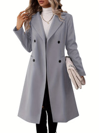 Double-Breasted Lapel Collar Pea Coat, Elegant Mid Length Long Sleeve Outerwear For Fall & Winter, Women's Clothing - Veloxea