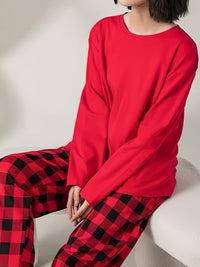 Plaid Print Pajama Set, Long Sleeve Crew Neck Top & Elastic Waistband Plaid Pants, Women's Sleepwear & Loungewear