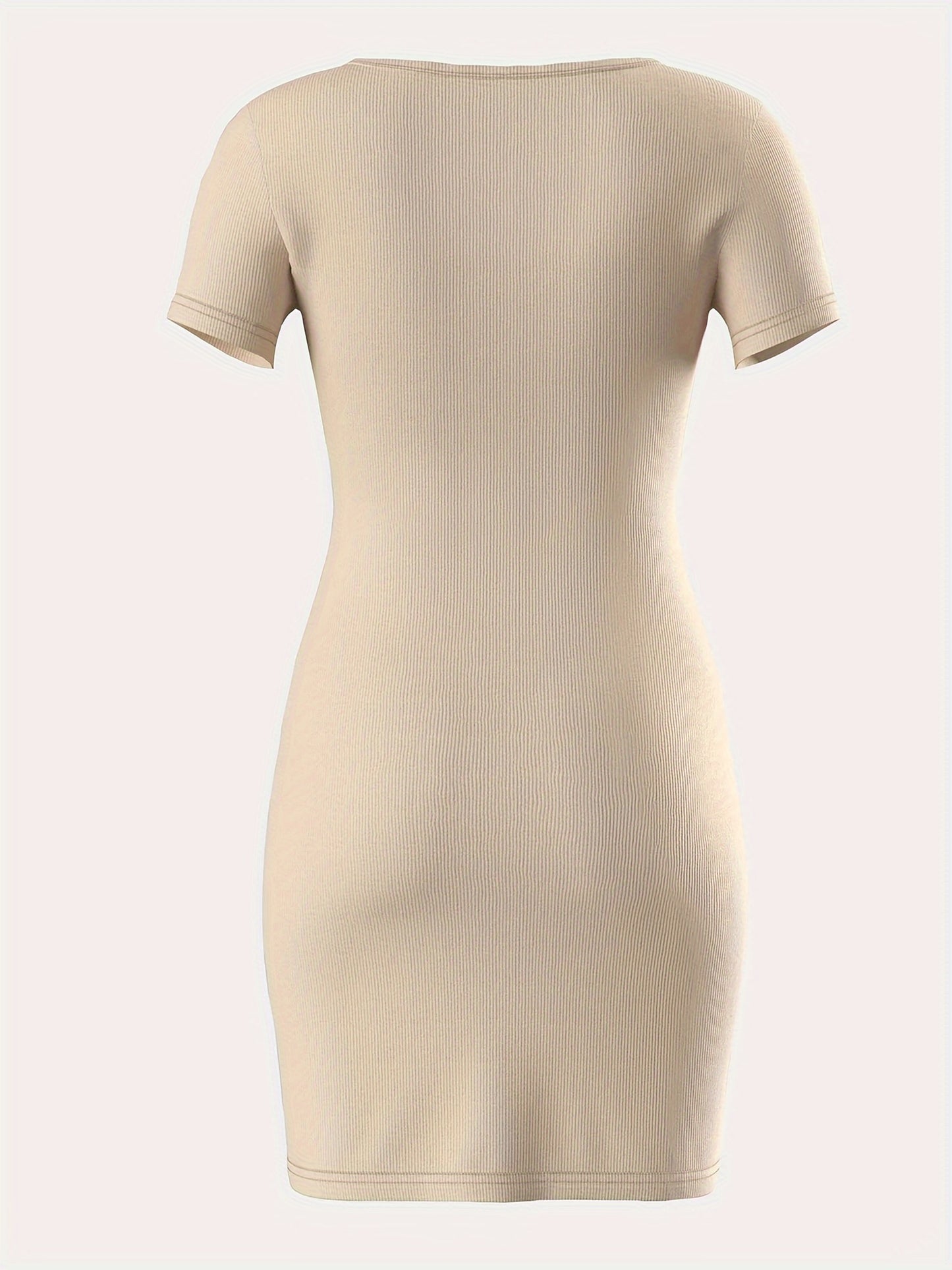 Bodycon Square Neck Dress, Casual Solid Color Short Sleeve Split Hem Dress For Spring & Summer, Women's Clothing