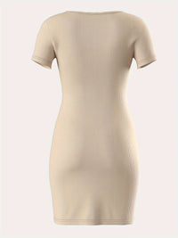 Bodycon Square Neck Dress, Casual Solid Color Short Sleeve Split Hem Dress For Spring & Summer, Women's Clothing