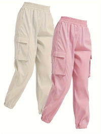 2 Pack Solid Jogger Cargo Pants, Casual Flap Pocket Elastic Waist Pants, Women's Clothing