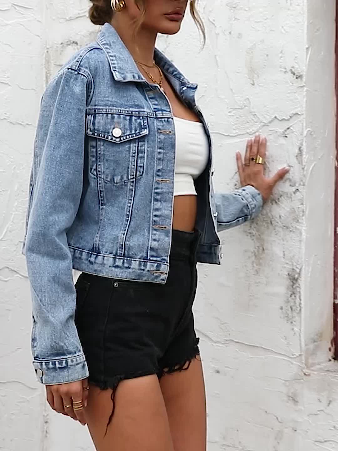 Solid Long Sleeves Denim Coats, Single-Breasted Button Flap Pockets Lapel Cropped Denim Jackets, Women's Denim Clothing - Veloxea