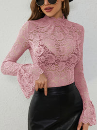 Paisley Pattern Lace T-Shirt, Long Sleeve High Neck Casual Top, Women's Clothing