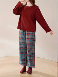 Plaid Print Pajama Set, Long Sleeve Crew Neck Top & Elastic Waistband Plaid Pants, Women's Sleepwear & Loungewear