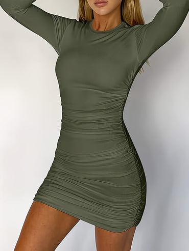 Solid Crew Neck Ruched Dress, Elegant Long Sleeve Bodycon Dress, Women's Clothing