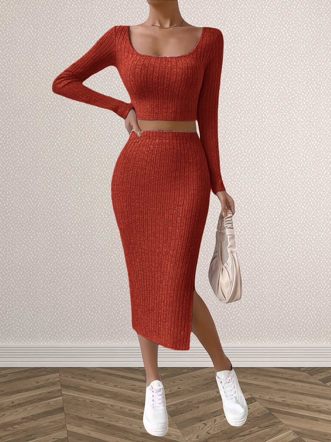 Solid Matching Two-piece Skirt Set, Casual Long Sleeve T-shirt & Split Skirt Outfits, Women's Clothing - Veloxea
