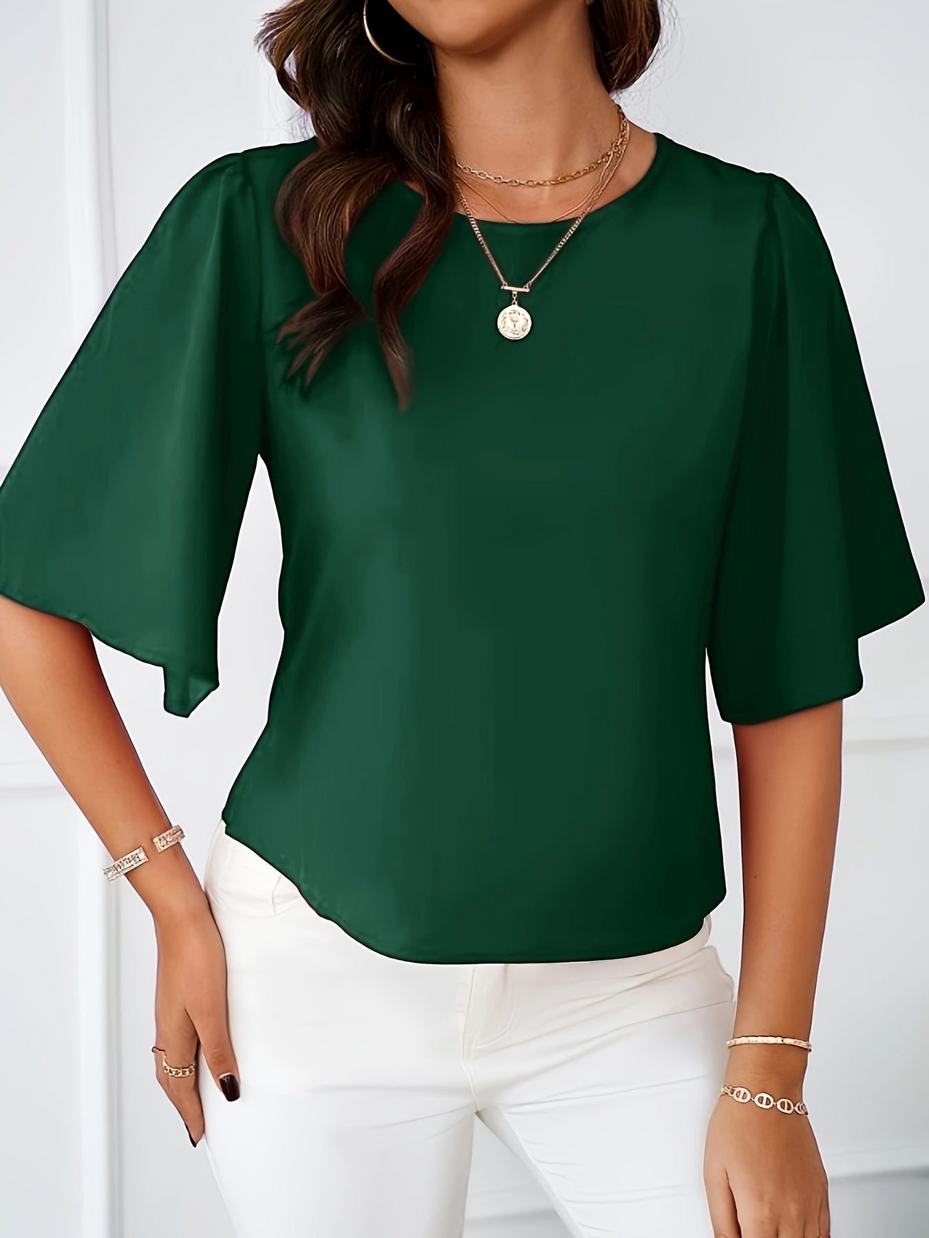 Solid Crew Neck Blouse, Elegant Ruffle Sleeve Blouse, Women's Clothing - Veloxea