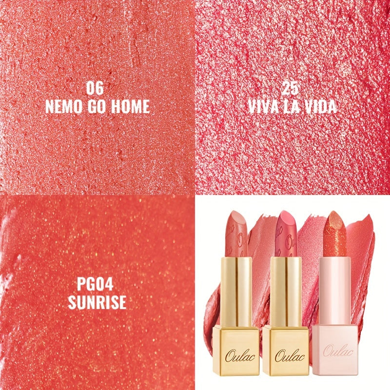 Oulac Peach Coral Lipstick 3Pcs Set For Women - Included Metallic Shine Lipstick, Infinity Moisture Shine Lipstick