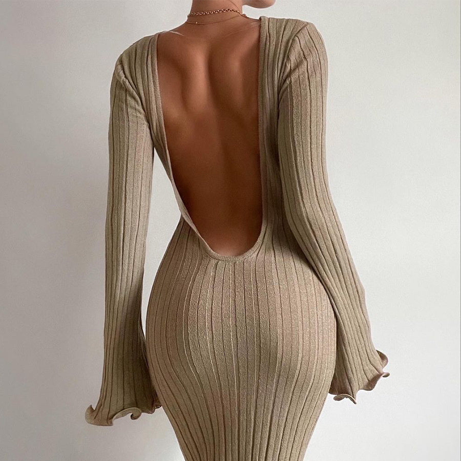 Slim Long-sleeved Ruffled Dress Sexy Hip-wrapped Back-less Knitted Dresses