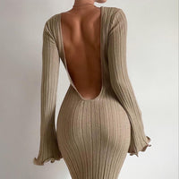 Slim Long-sleeved Ruffled Dress Sexy Hip-wrapped Back-less Knitted Dresses