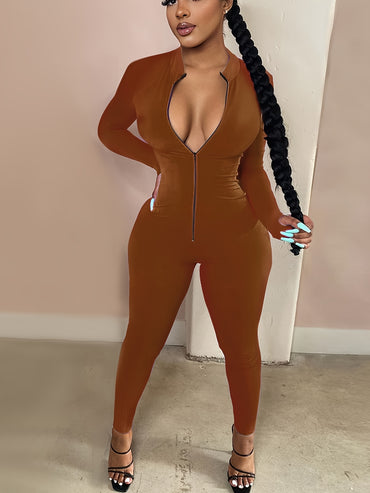 Women's Sexy Bodycon Zip Up Jumpsuit, Solid Long Sleeve Stretchy Jumpsuit, Women's Clothing