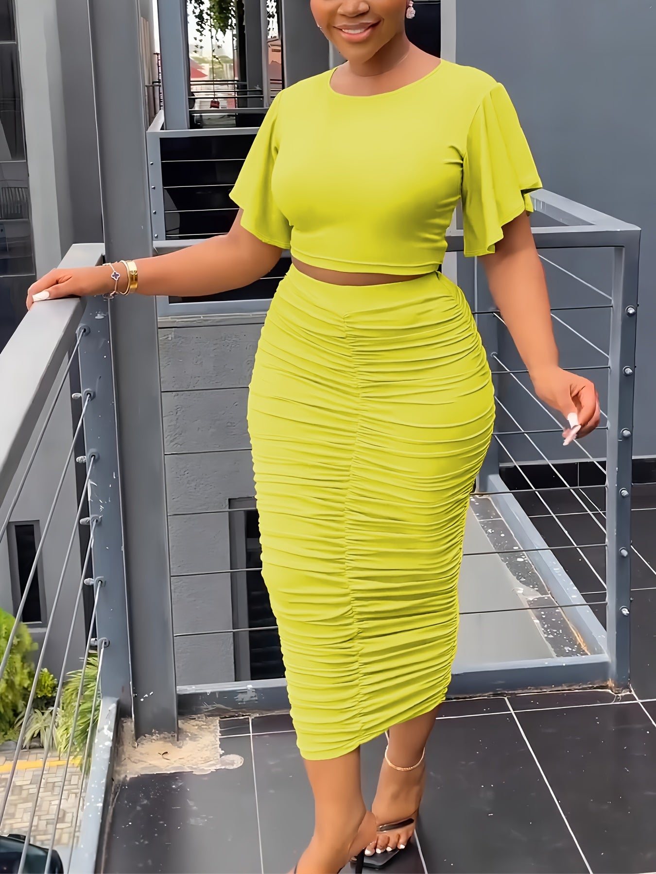 T-shirt & Bodycon Skirts Solid Two-piece Set, Flared Sleeve T-shirt & Midi Skirts, Women's Clothing
