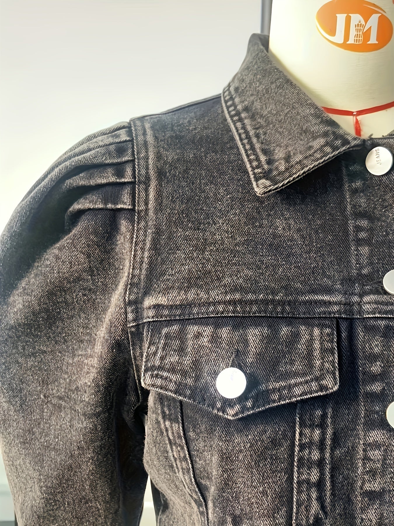 Women's Elegant Solid Color Cropped Denim Jacket With Puff Sleeves, Frayed Hem, Fashion Outerwear For Casual And Street Style - Veloxea