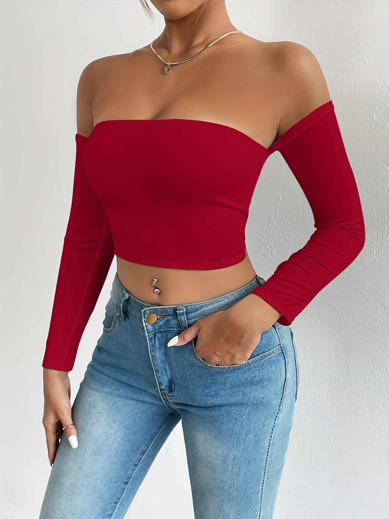 Solid Color Off-shoulder Crop Top, Sexy Long Sleeve Slim Top, Women's Clothing - Veloxea