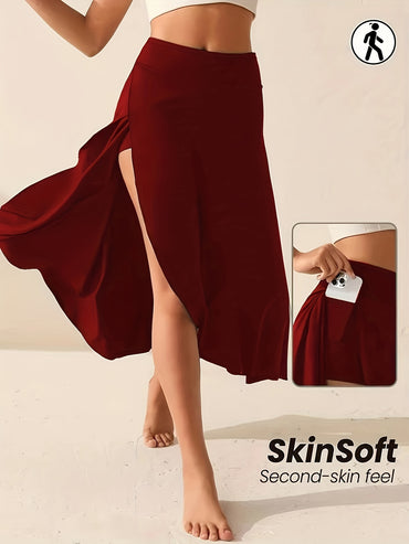 Women's Solid Color Sports Skort, High Waist, Asymmetrical Hem, Open-Knit Fabric, Casual Activewear