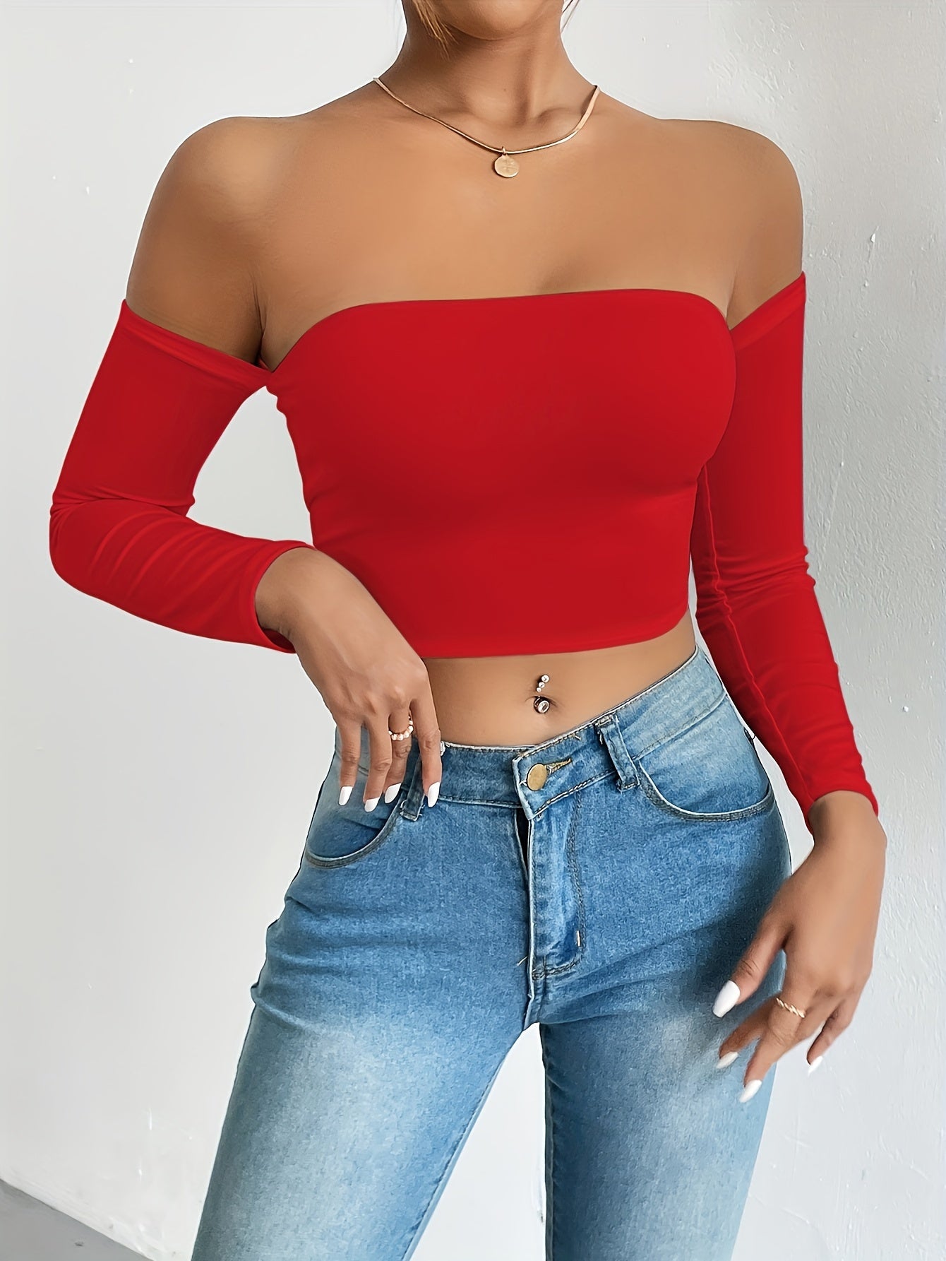Solid Color Off-shoulder Crop Top, Sexy Long Sleeve Slim Top, Women's Clothing - Veloxea