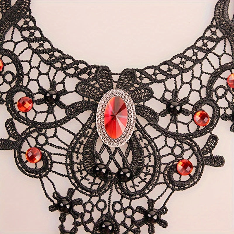 Black Clavicle Chain Vintage Gothic Lace Necklace Female Red Crystal Tassel Halloween Holiday Dress Up Accessories Gift - Veloxea