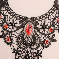 Black Clavicle Chain Vintage Gothic Lace Necklace Female Red Crystal Tassel Halloween Holiday Dress Up Accessories Gift - Veloxea