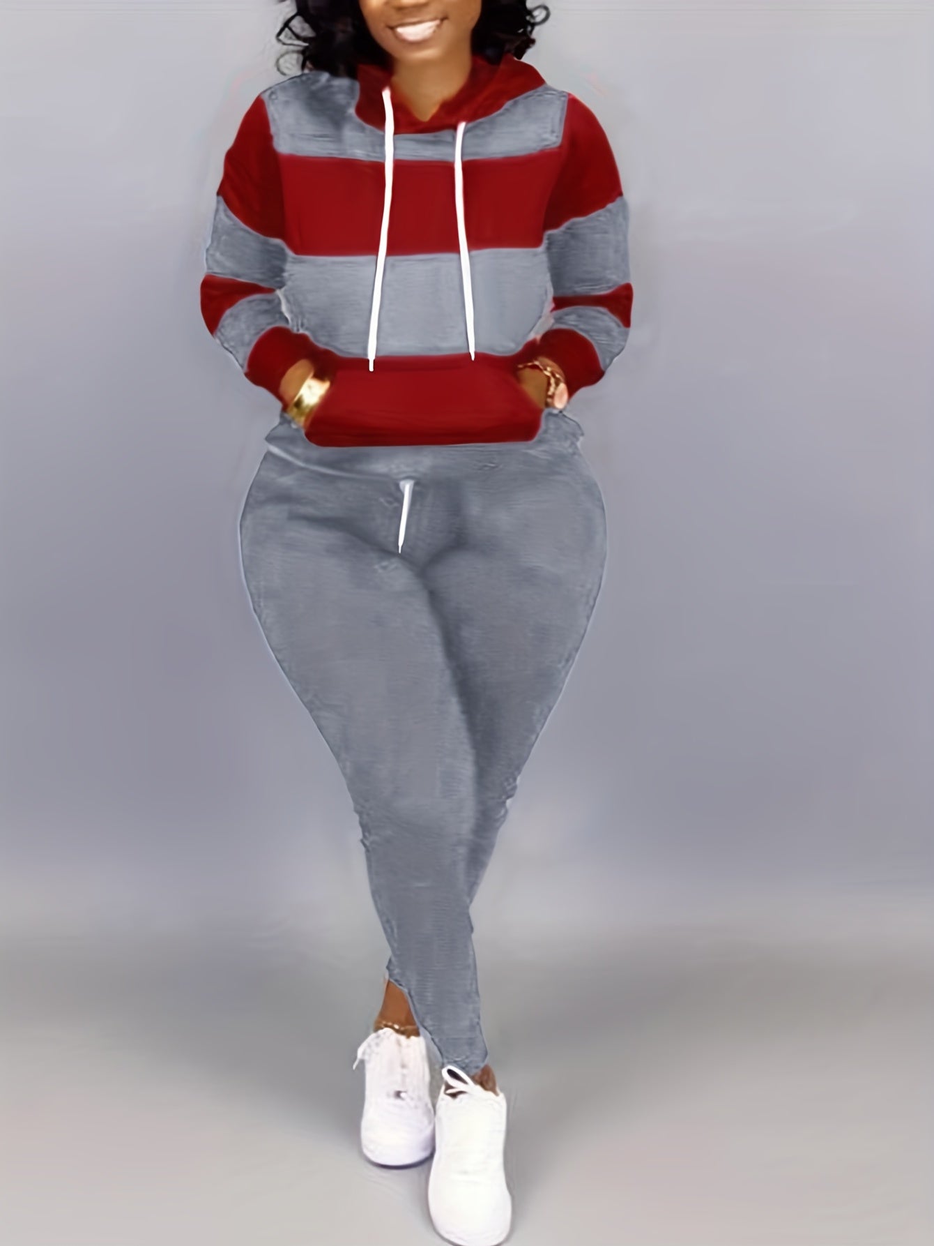 Plus Size Casual Outfits Two Piece Set, Women's Plus Colorblock Stripe Print Long Sleeve Drawstring Hoodie Sweatshirt & Joggers Outfits 2 Piece Set
