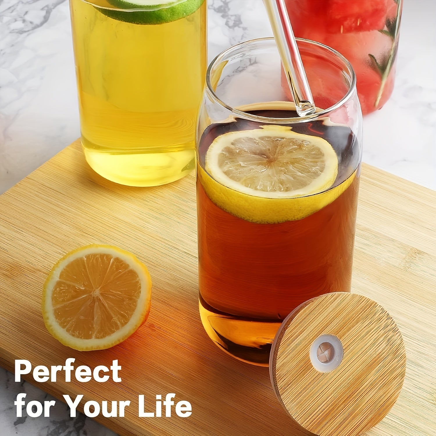 4Pcs Drinking Glasses with Bamboo Lids and Glass Straw - 16 Oz Can Shaped Glass Cups for Beer, Ice Coffee, Cute Tumbler Cup Great for Soda Boba Tea Cocktail Include 2 Cleaning Brushes - Veloxea