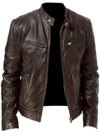 2023 Autumn And Winter New Zipper Cardigan Pocket PU Leather Small Stand Collar MotorcycleJacket Coat Men's Coat - Veloxea
