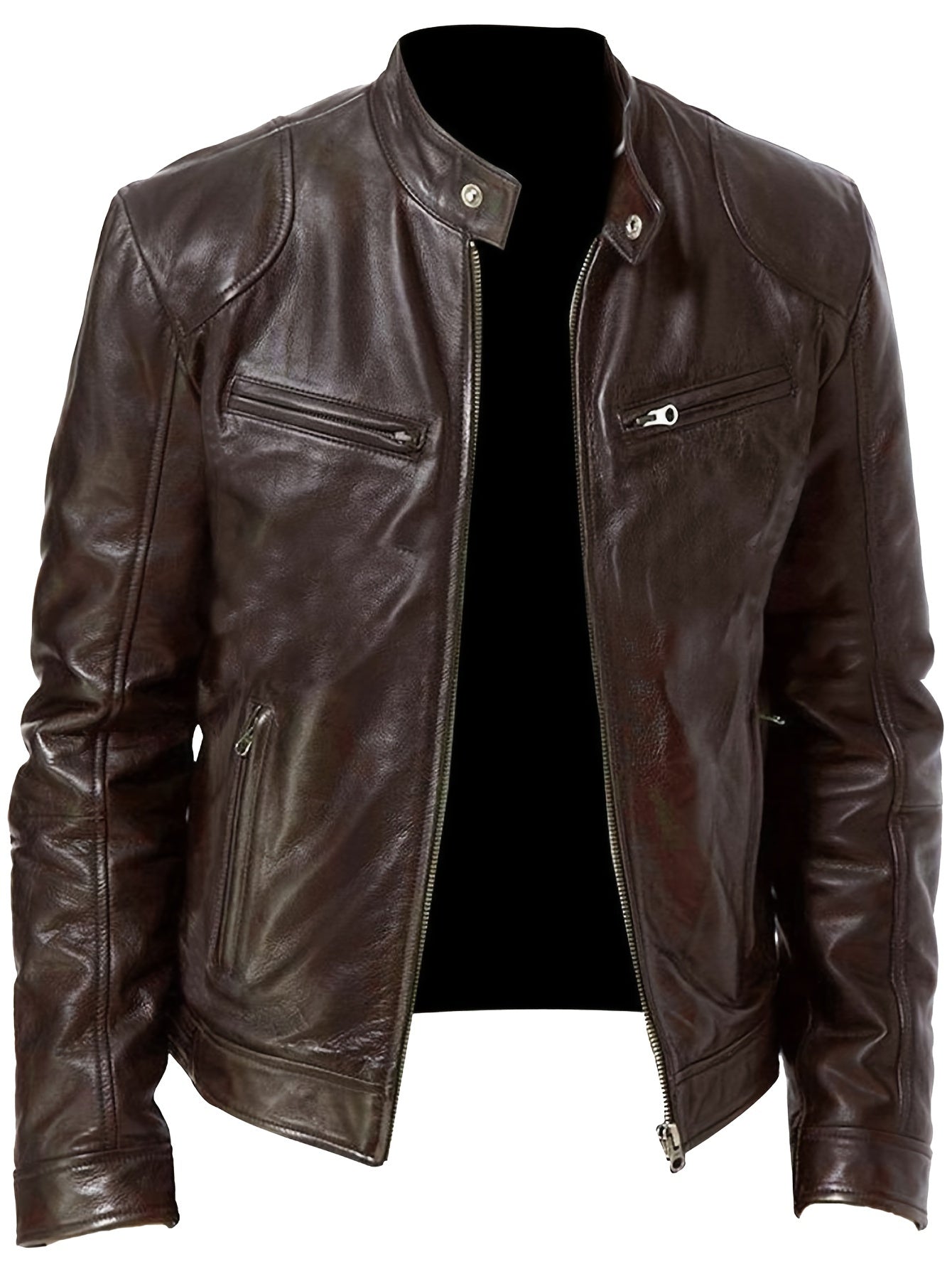 2023 Autumn And Winter New Zipper Cardigan Pocket PU Leather Small Stand Collar MotorcycleJacket Coat Men's Coat - Veloxea