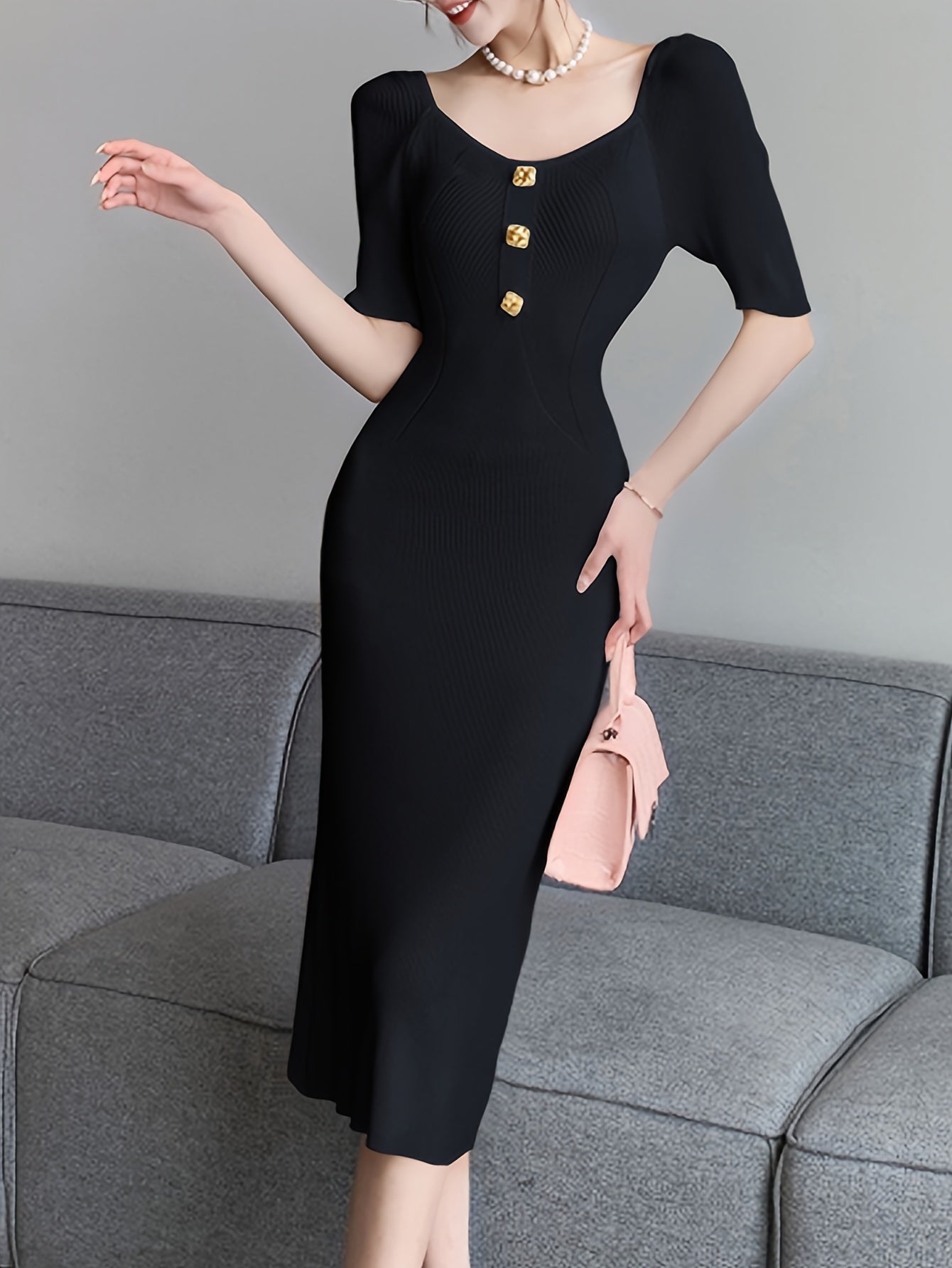 Button Detail Bodycon Knitted Dress, Elegant Short Sleeve Dress For Spring & Summer, Women's Clothing