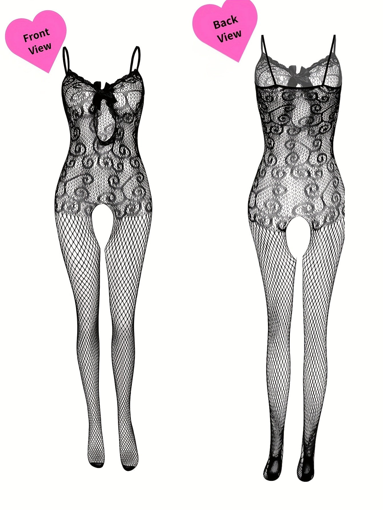 4pcs Women's Plus Sexy Lingerie Bodystockings, Plus Size Lace Fishnet Hollow Out Stretchy Open Crotch Nightwear Bodysuit For Romantic Date Wearing - Veloxea