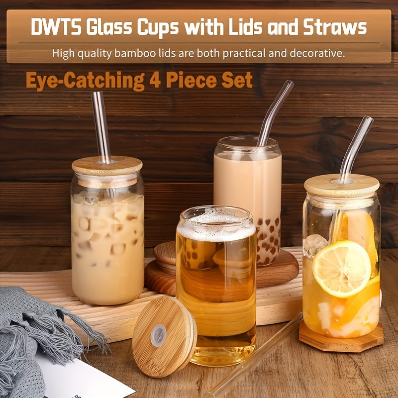 4Pcs Drinking Glasses with Bamboo Lids and Glass Straw - 16 Oz Can Shaped Glass Cups for Beer, Ice Coffee, Cute Tumbler Cup Great for Soda Boba Tea Cocktail Include 2 Cleaning Brushes - Veloxea